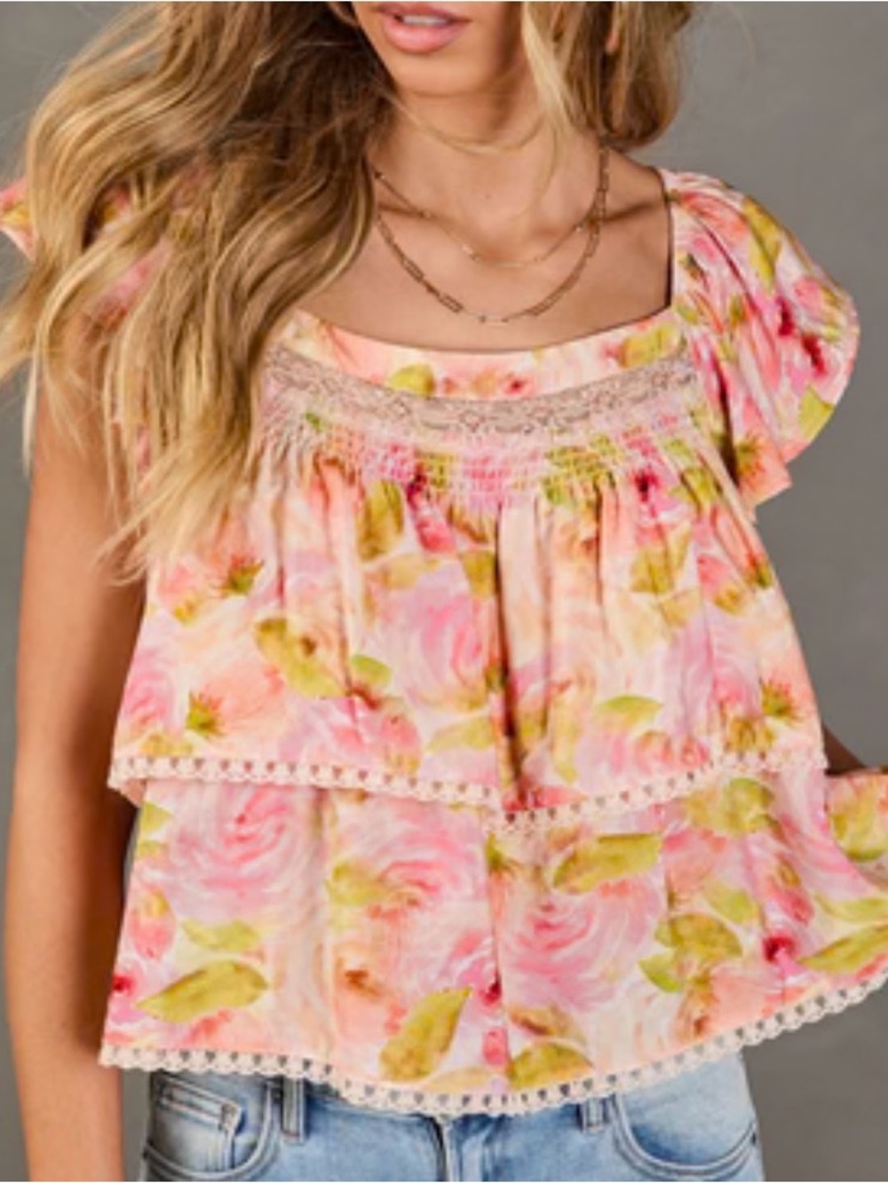 Women's Floral Tiered Square Neck Lace Trim Short Sleeve Blouse